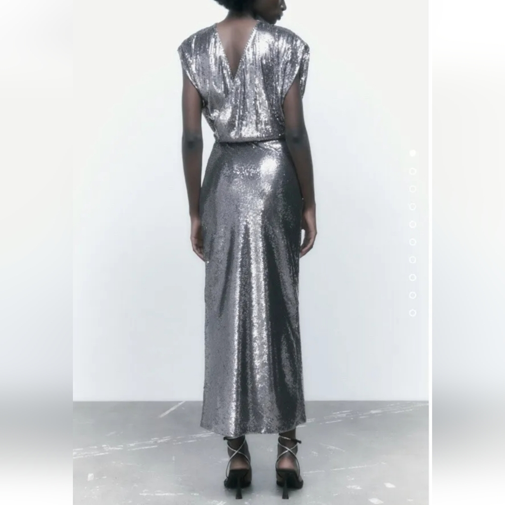 Zara SEQUIN SILVER LONG DRESS GOWN Size S - Picture 8 of 16